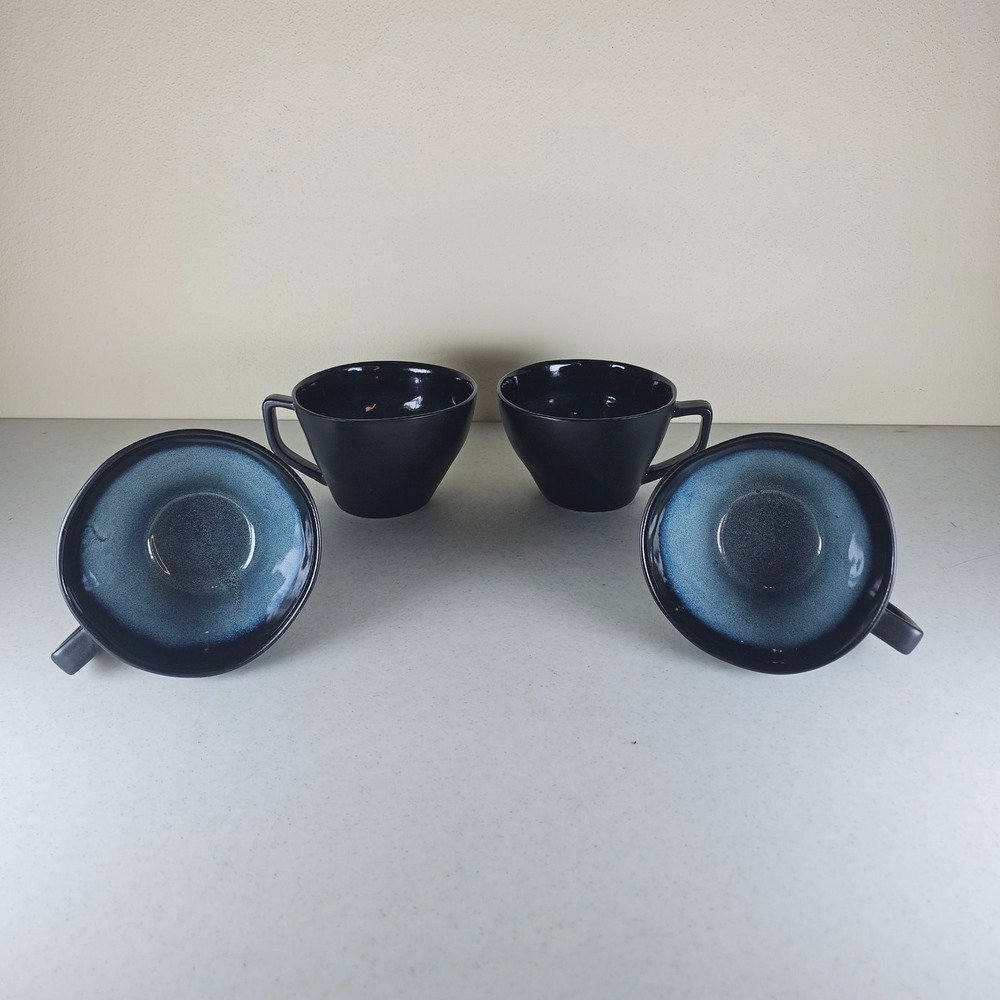 4 ELITE BY GIBSON Unique Shape Large Black Coffee Cups Reactive Blue Inside